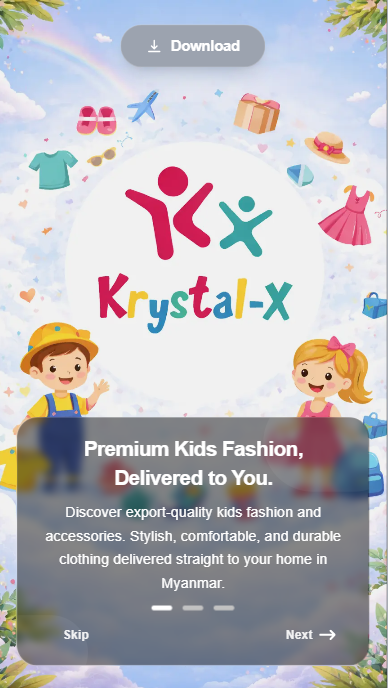 Krystal x Kidswear app — onboarding screen